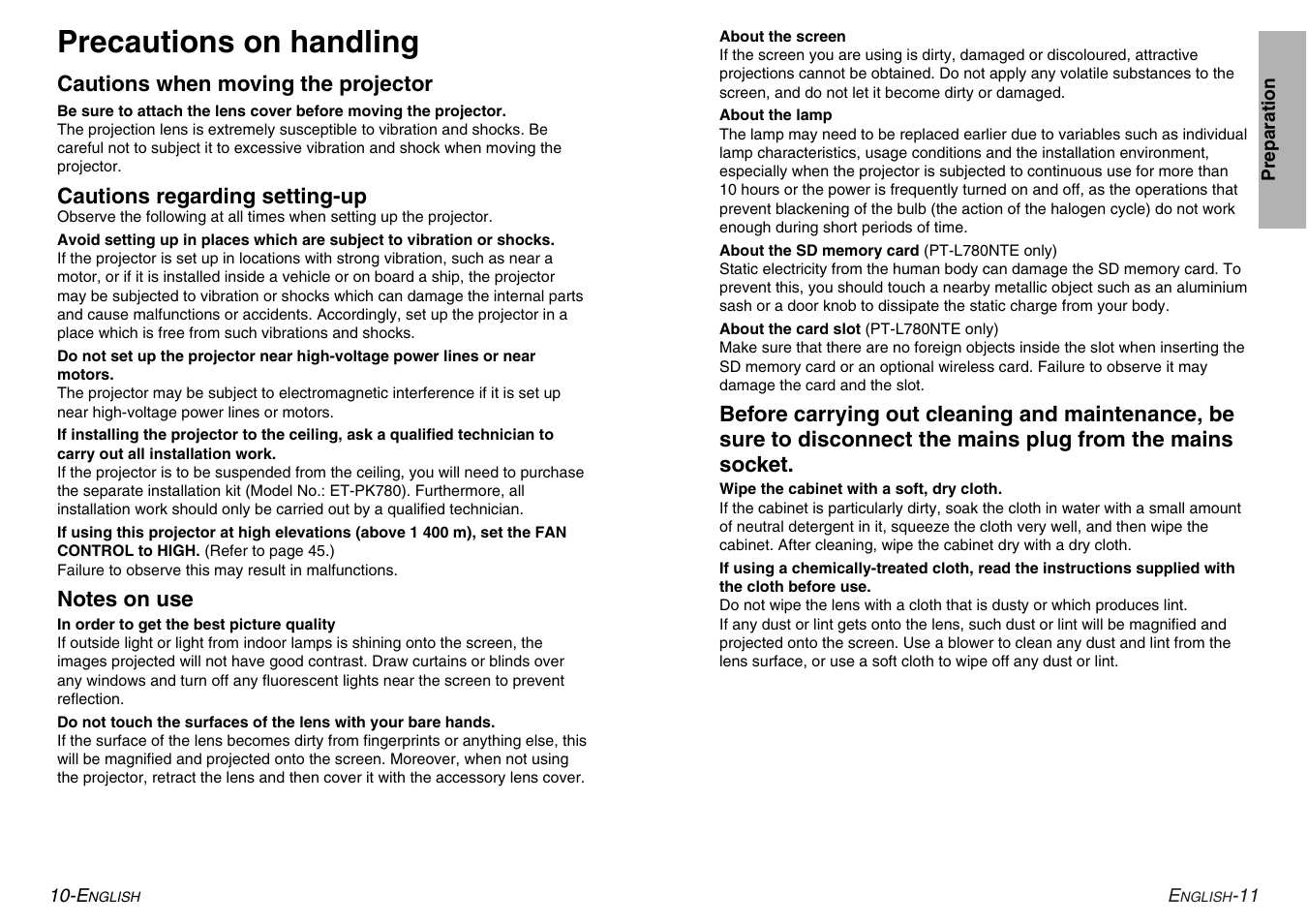 Precautions on handling | Panasonic PT-L780E User Manual | Page 6 / 36