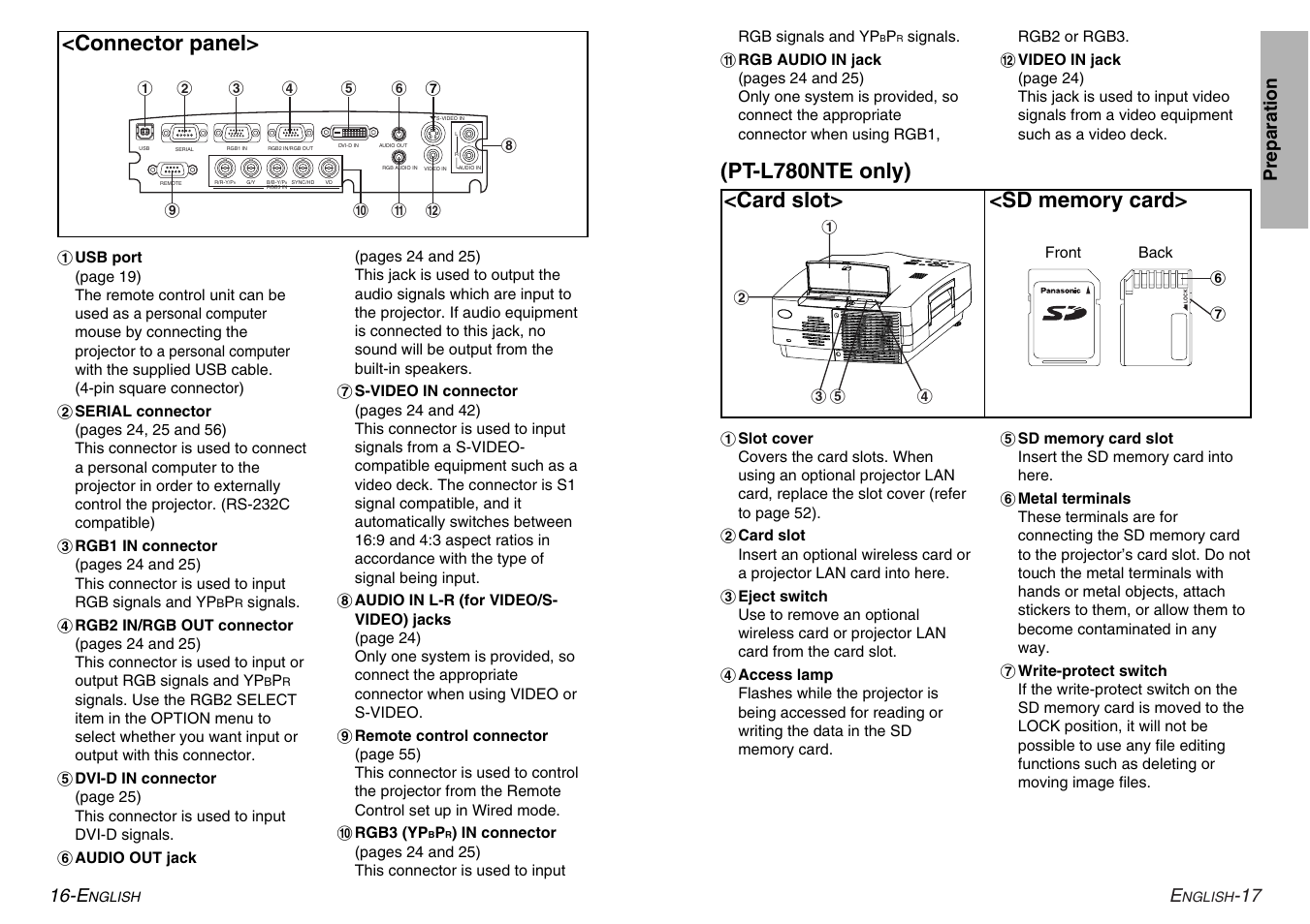Connector panel, Pt-l780nte only), 17 preparation 16-e | Panasonic PT-L780E User Manual | Page 9 / 36
