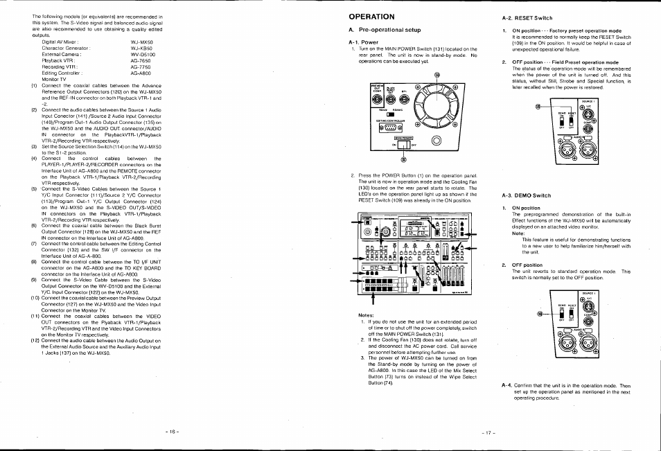 Operation, A-1. power, A-2. resetswitch | A-3. demo switch 1. on position | Panasonic WJ-MX50 User Manual | Page 16 / 40