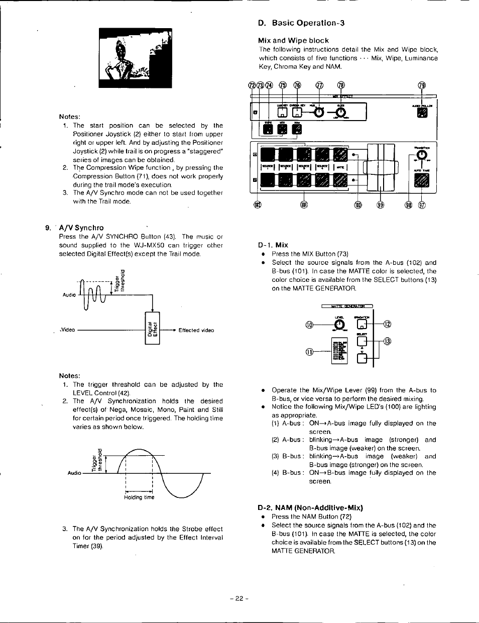 Notes, D. basic operation-3 mix and wipe block, Жж_р | A/v synchro, D-1. mix, D-2. nam (non-additive-mix), D. basic operation-3 : mix and wipe block, I i i | Panasonic WJ-MX50 User Manual | Page 21 / 40