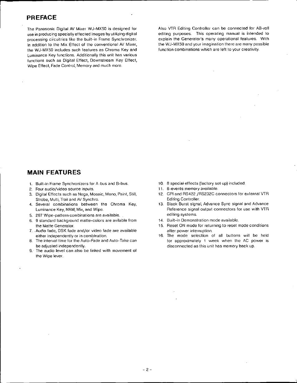 Preface, Main features | Panasonic WJ-MX50 User Manual | Page 3 / 40