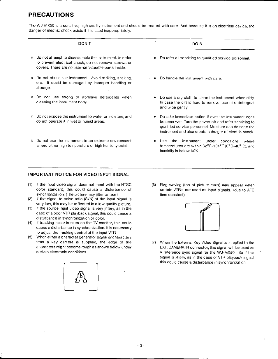 Precautions, Don't, Important notice for video input signal | Panasonic WJ-MX50 User Manual | Page 4 / 40
