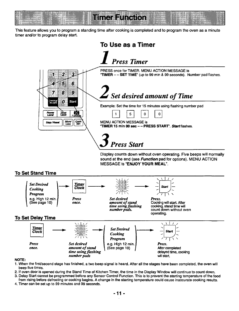 To use as a timer, To set stand time, To set delay time | Mer function, Set desired amount of time, Press start | Panasonic GENIUS 1100 NN-S588 User Manual | Page 13 / 56