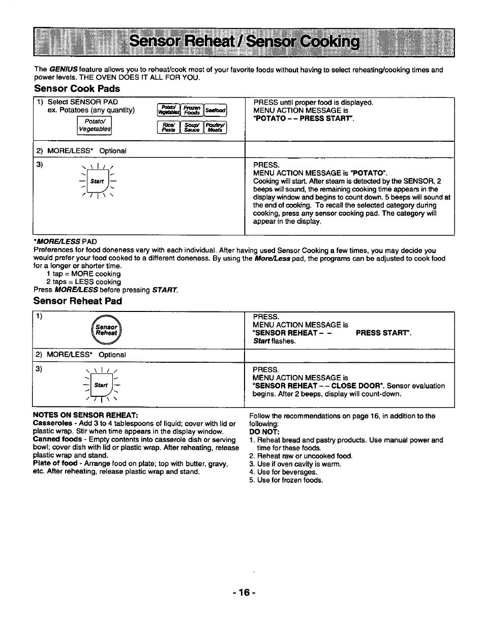 Sensor cook pads, Sensor reheat pad, S^mr reheat / sen | Panasonic GENIUS 1100 NN-S588 User Manual | Page 18 / 56