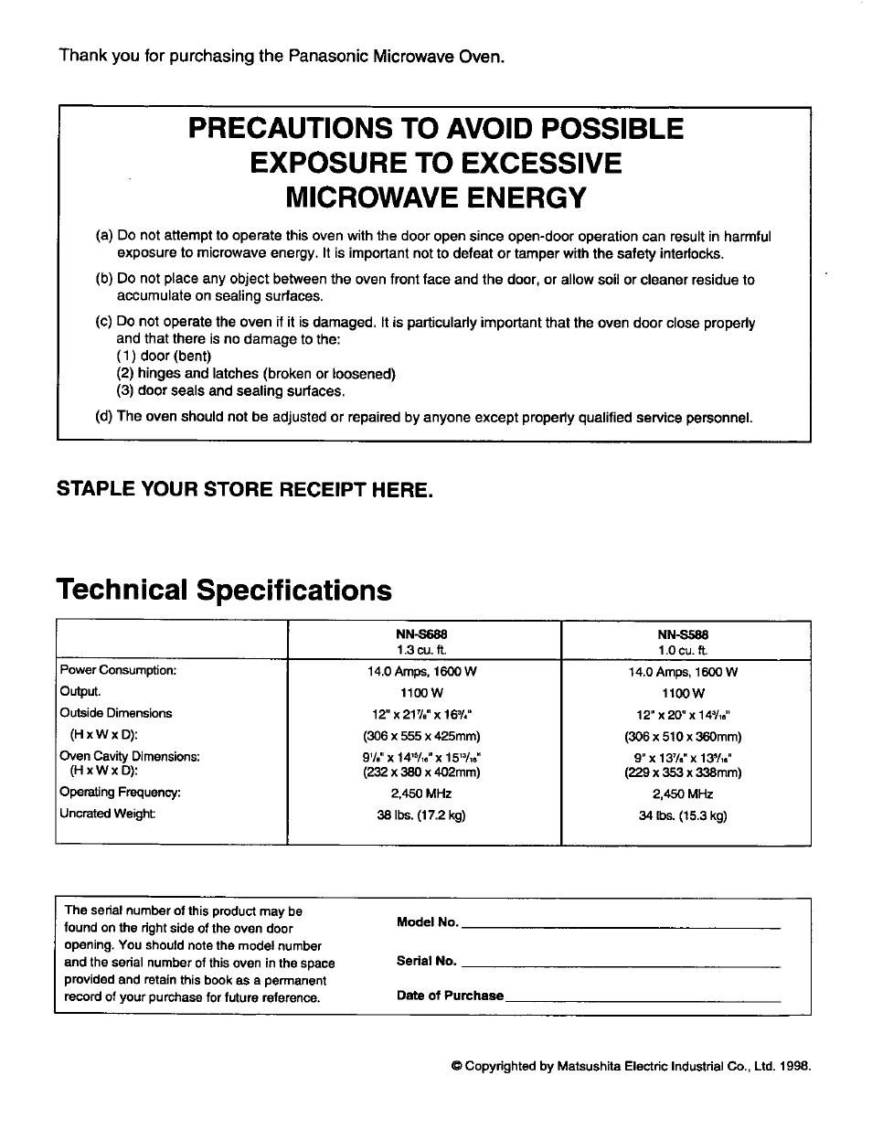 Technical specifications, Staple your store receipt here | Panasonic GENIUS 1100 NN-S588 User Manual | Page 2 / 56