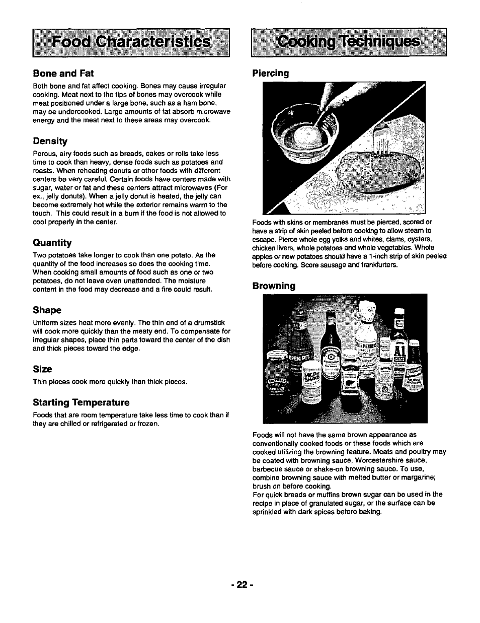 Bone and fat, Density, Quantity | Shape, Size, Starting temperature, Piercing, Browning, Food characteristics | Panasonic GENIUS 1100 NN-S588 User Manual | Page 24 / 56