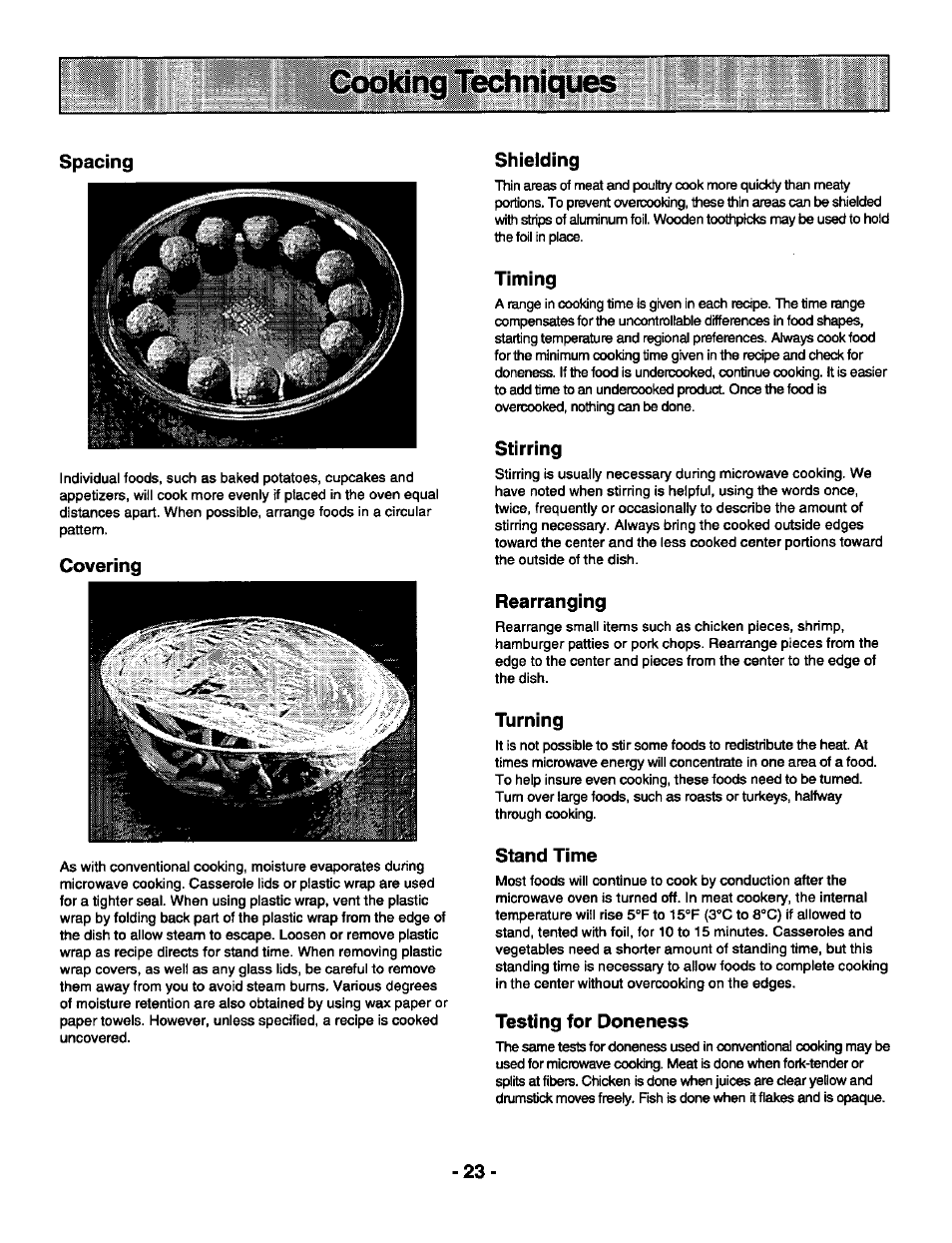 Spacing, Covering, Shielding | Timing, Stirring, Rearranging, Turning, Stand time, Testing for doneness | Panasonic GENIUS 1100 NN-S588 User Manual | Page 25 / 56