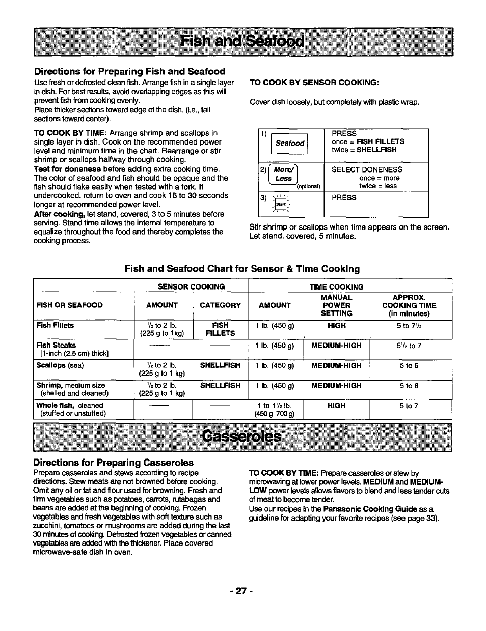 Directions for preparing fish and seafood, Fish and seafood chart for sensor & time cooking, Directions for preparing casseroles | Panasonic GENIUS 1100 NN-S588 User Manual | Page 29 / 56