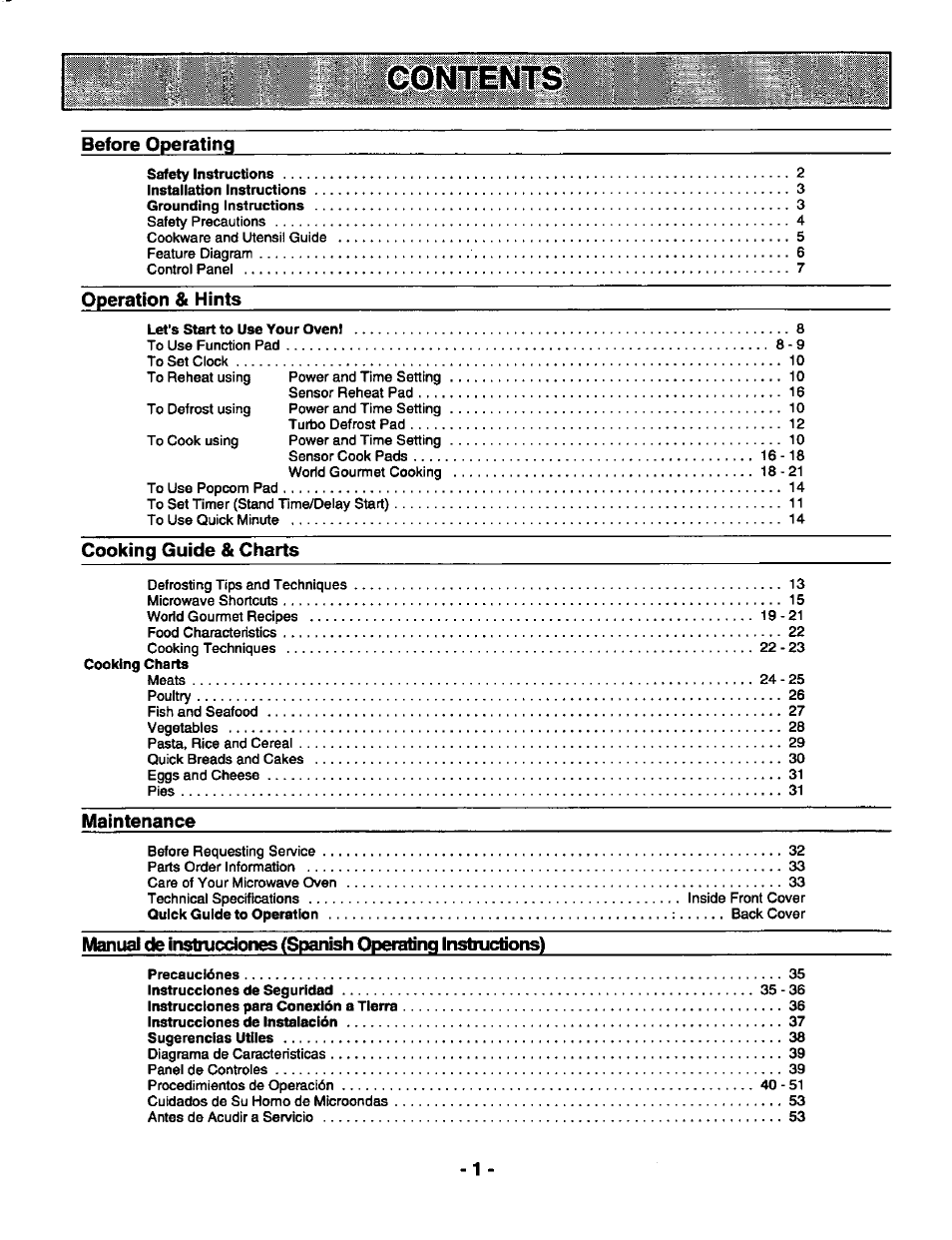 Before operating, Operation & hints, Cooking guide & charts | Maintenance | Panasonic GENIUS 1100 NN-S588 User Manual | Page 3 / 56