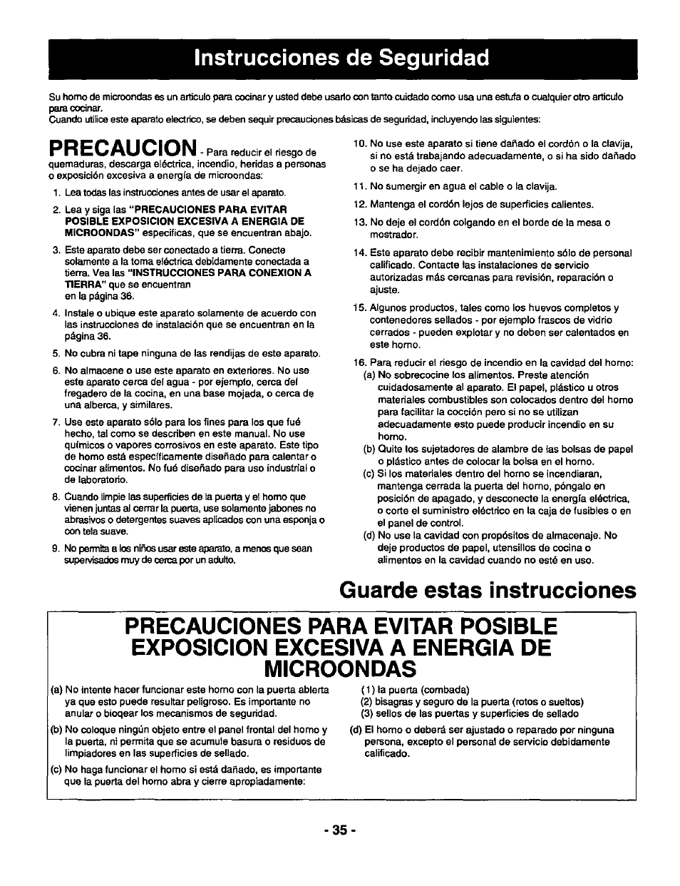 Precaucion, Instrucciones de seguridad | Panasonic GENIUS 1100 NN-S588 User Manual | Page 37 / 56