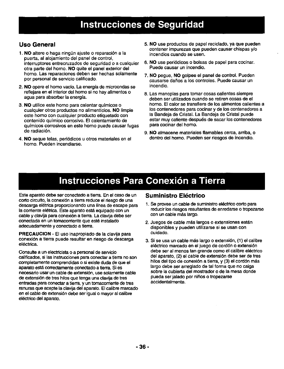 Uso general, Suministro eiéctrico, Instrucciones para conexión a tierra | Instrucciones de seguridad | Panasonic GENIUS 1100 NN-S588 User Manual | Page 38 / 56