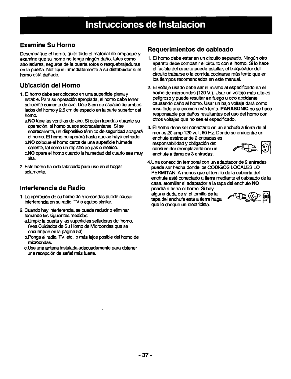 Examine su horno, Ubicación del horno, Interferencia de radio | Requerimientos de cabieado, Instrucciones de instalación | Panasonic GENIUS 1100 NN-S588 User Manual | Page 39 / 56