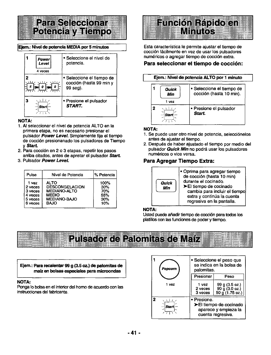 Nota, Para seleccionar el tiempo de cocción, Para agregar tiempo extra | А seleccionar potencia у tiempo | Panasonic GENIUS 1100 NN-S588 User Manual | Page 43 / 56
