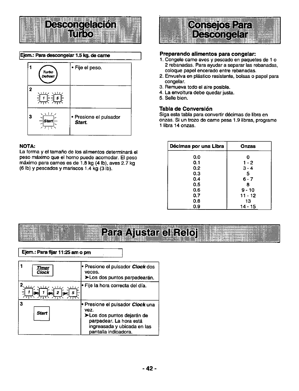 Preparando alimentos para congelar, Tabla de conversión, Para ajust^él | Panasonic GENIUS 1100 NN-S588 User Manual | Page 44 / 56
