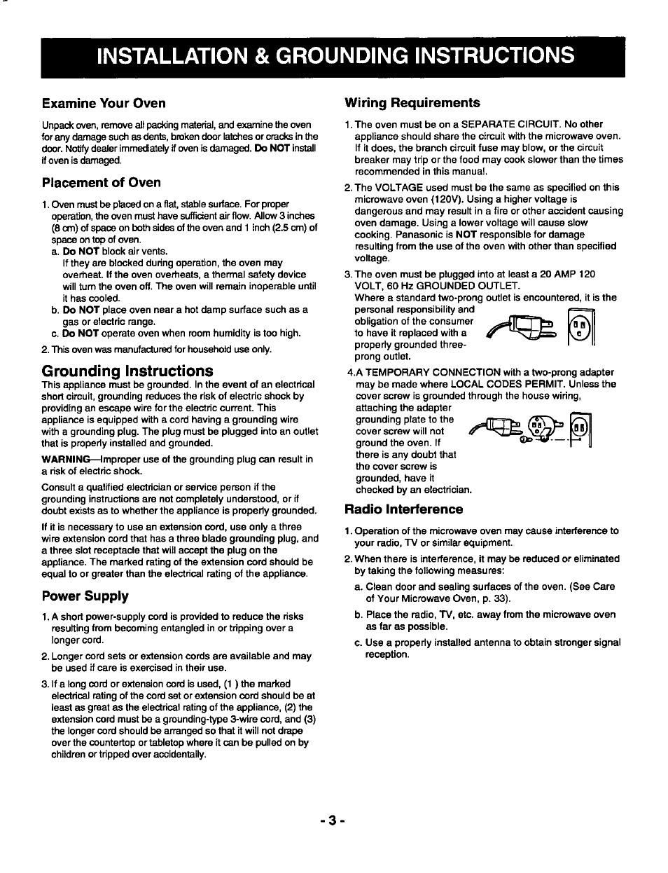 Installation & grounding instructions, Examine your oven, Placement of oven | Power supply, Wiring requirements, Radio interference, Grounding instructions | Panasonic GENIUS 1100 NN-S588 User Manual | Page 5 / 56