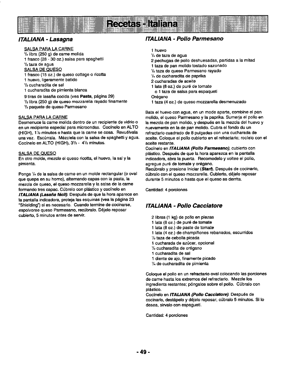 Italiana - pollo parmesano, Italiana - pollo cacciatore, Ítauana | Lasagna italiana - pollo parmesano | Panasonic GENIUS 1100 NN-S588 User Manual | Page 51 / 56