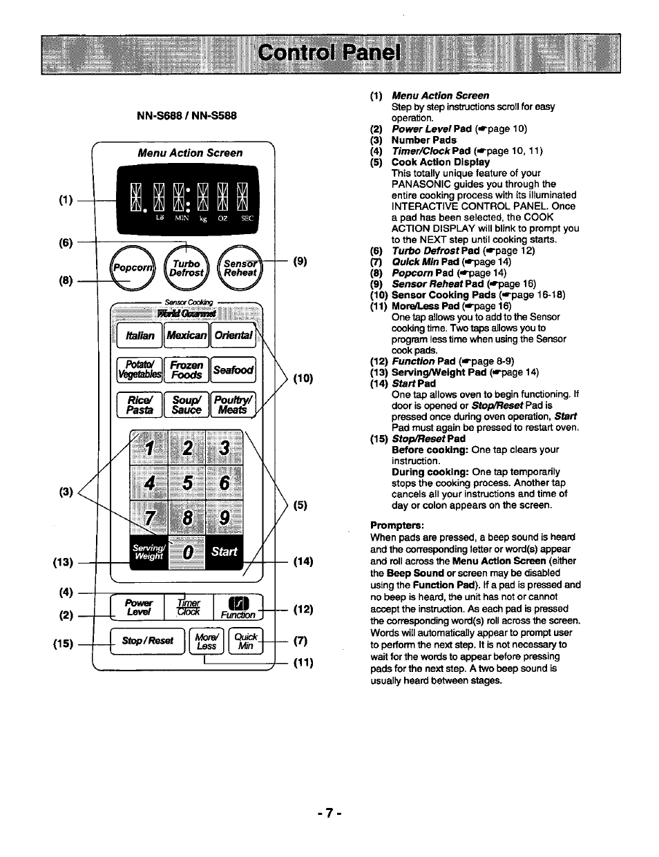 Nn-s688/nn-s588, Prompters, Conti | Panasonic GENIUS 1100 NN-S588 User Manual | Page 9 / 56