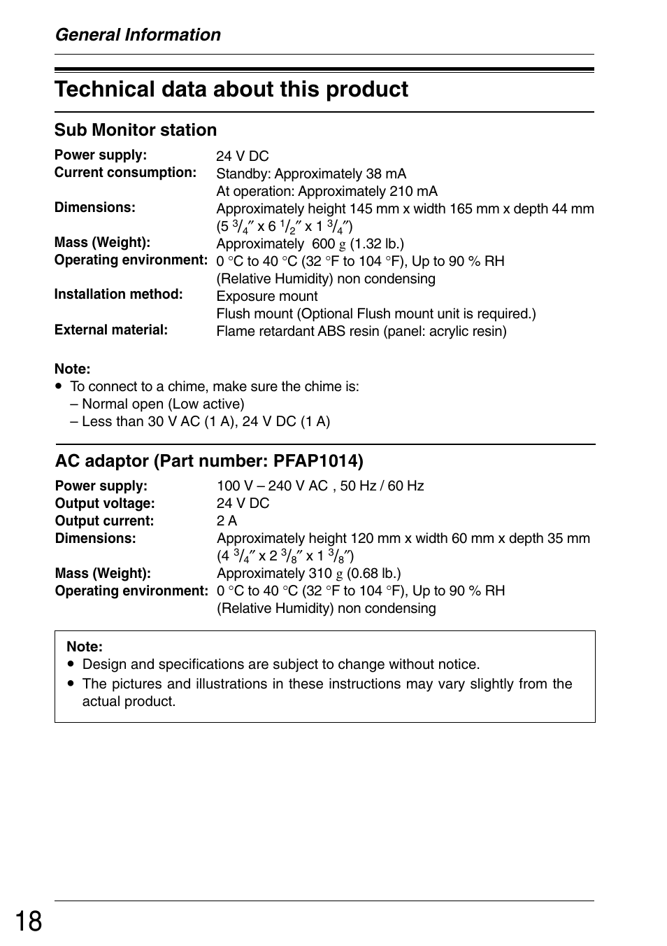 General information, Technical data about this product, Sub monitor station | Ac adaptor (part number: pfap1014) | Panasonic VL-GM001 User Manual | Page 18 / 20