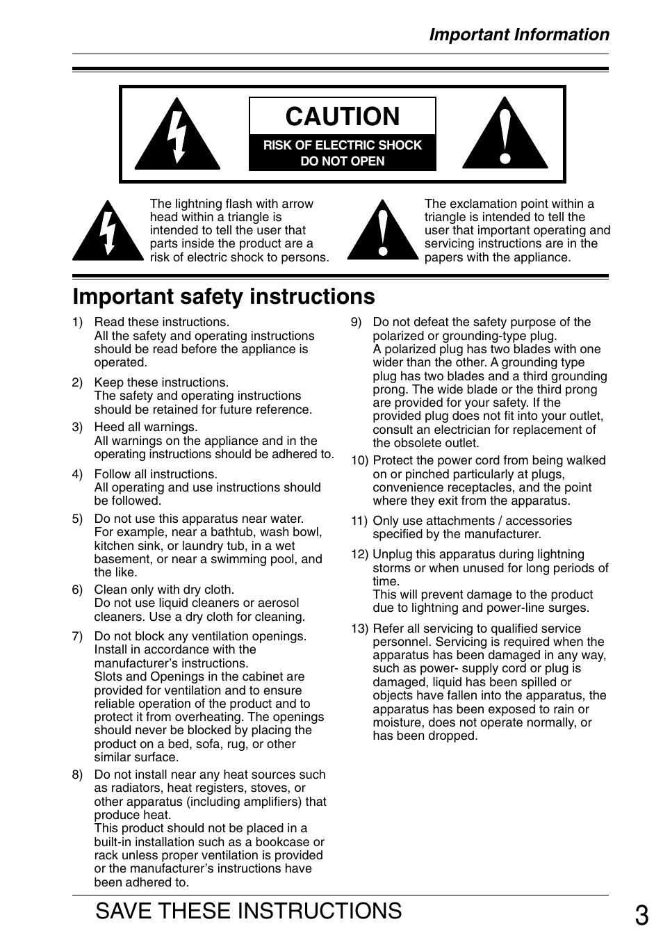 Important safety instructions, Caution, Save these instructions | Important information | Panasonic VL-GM001 User Manual | Page 3 / 20