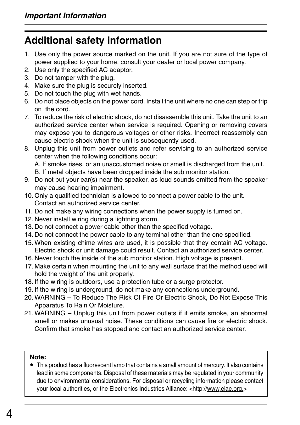 Additional safety information, Important information | Panasonic VL-GM001 User Manual | Page 4 / 20