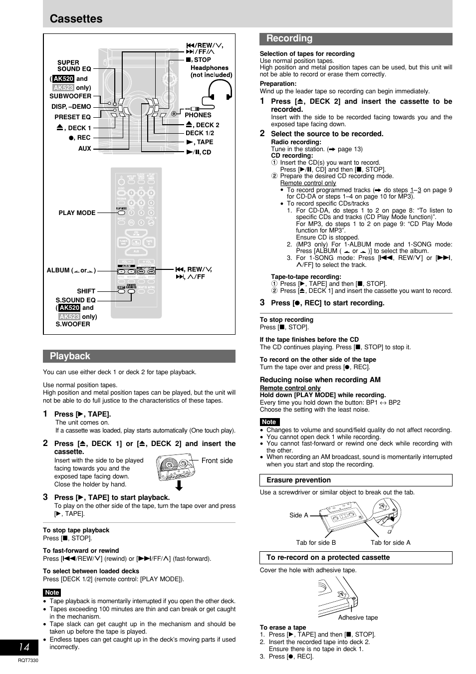 Cassettes, Playback recording, Press [ : , tape | Press [ : , tape] to start playback, Front side, Select the source to be recorded, Press [ a , rec] to start recording, Reducing noise when recording am, Erasure prevention | Panasonic SC-AK320  EN User Manual | Page 14 / 20