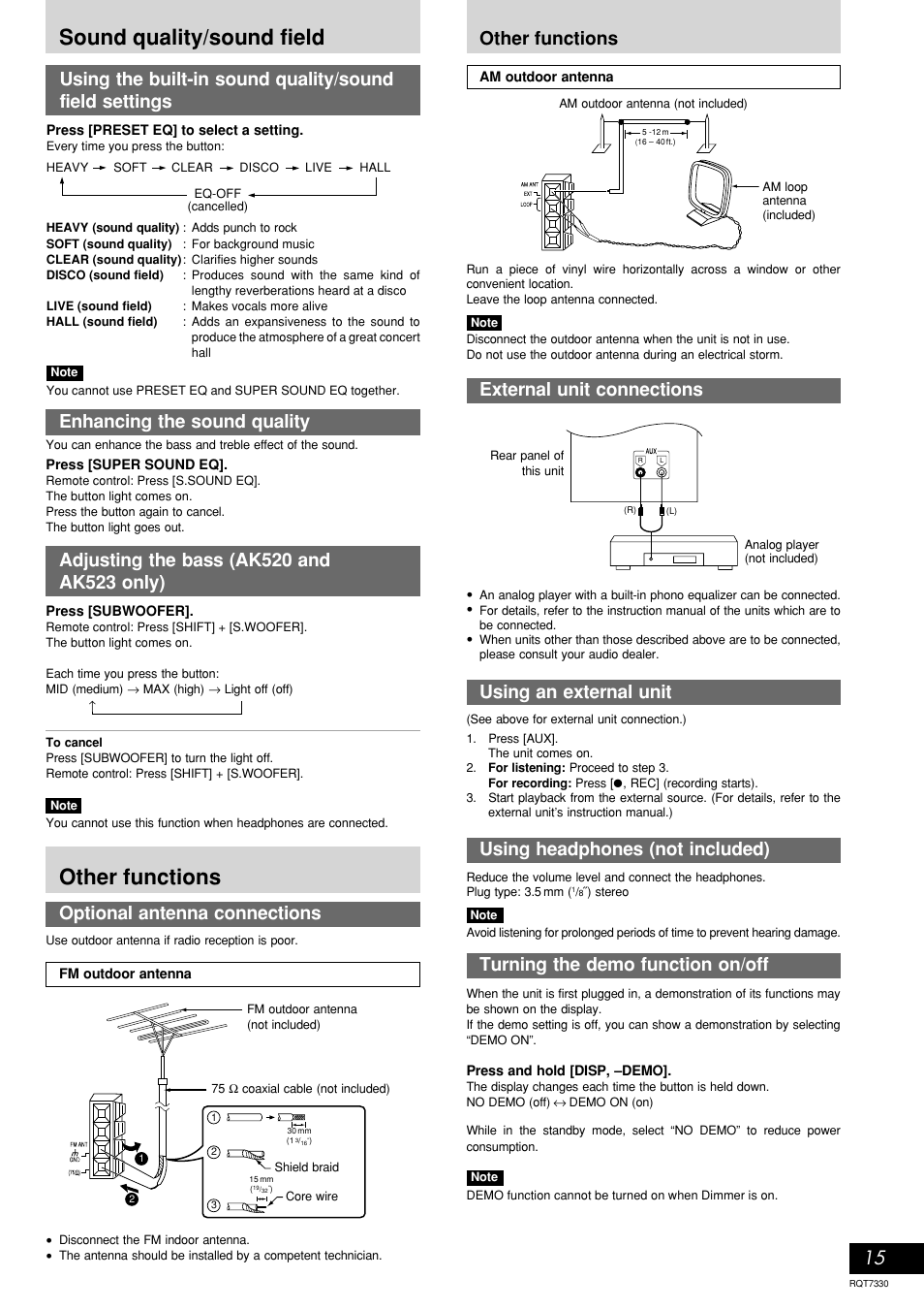 Sound quality / sound field, Other functions, Optional antenna connections | External unit connections, Using an external unit, Using headphones (not included), Turning the demo function on/off, Sound quality/sound field, 15 optional antenna connections, Enhancing the sound quality | Panasonic SC-AK320 EN User Manual | Page 15 / 20
