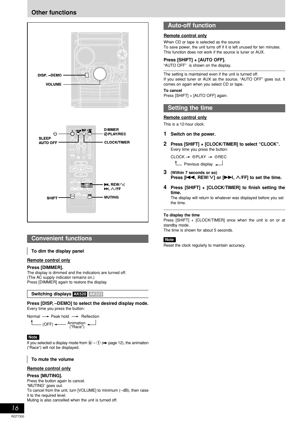 Convenient functions, Auto -off function, Setting the time | 16 other functions | Panasonic SC-AK320  EN User Manual | Page 16 / 20