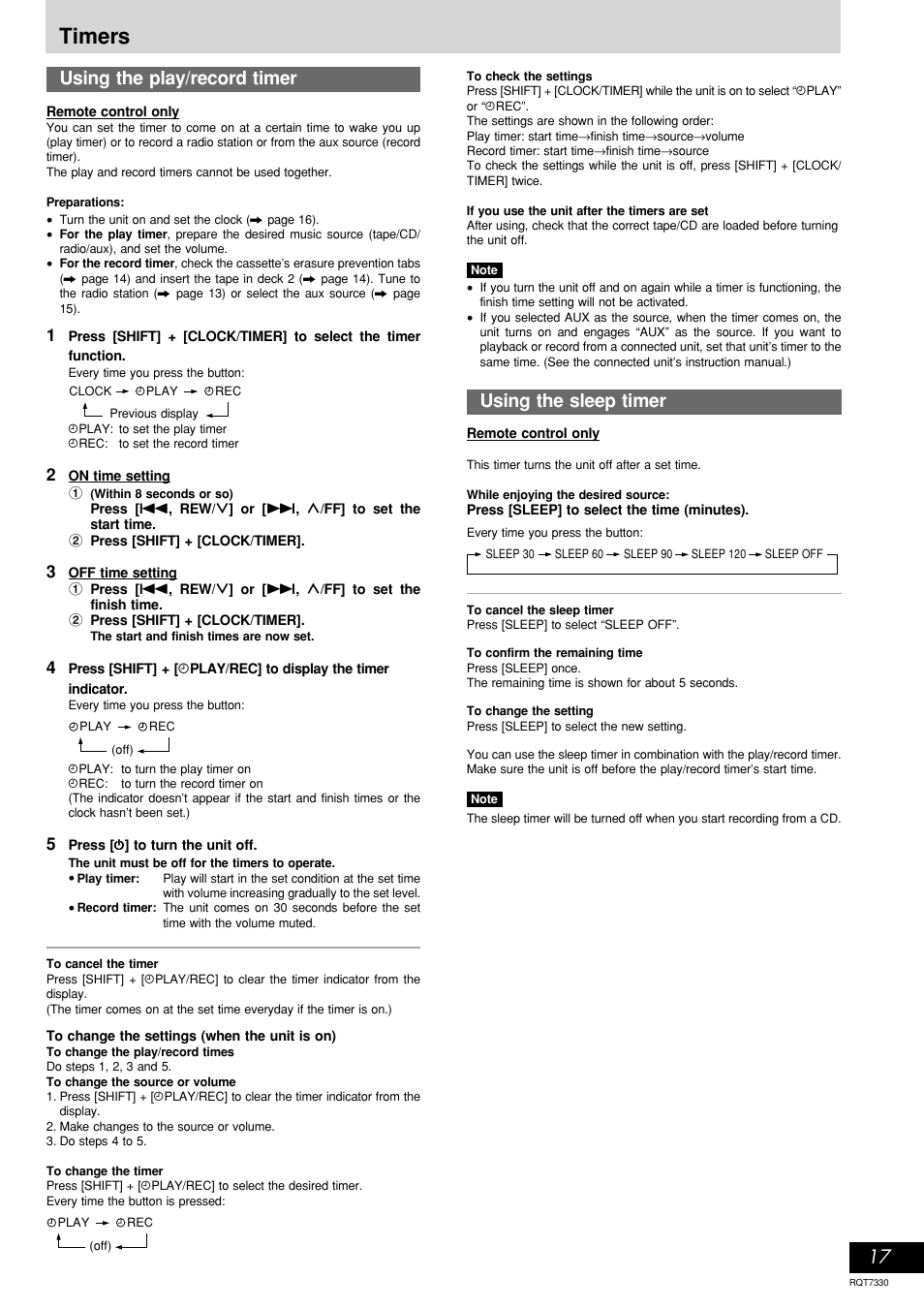 Timers, Using the sleep timer, Using the play/record timer | Panasonic SC-AK320  EN User Manual | Page 17 / 20
