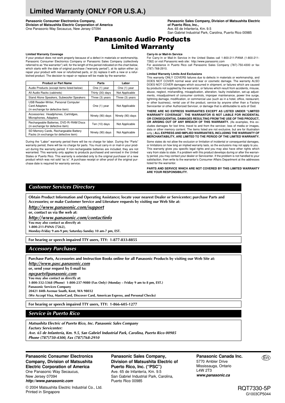 Limited warranty (only for u.s.a.), Panasonic audio products limited warranty, Customer services directory accessory purchases | Service in puerto rico | Panasonic SC-AK320  EN User Manual | Page 20 / 20
