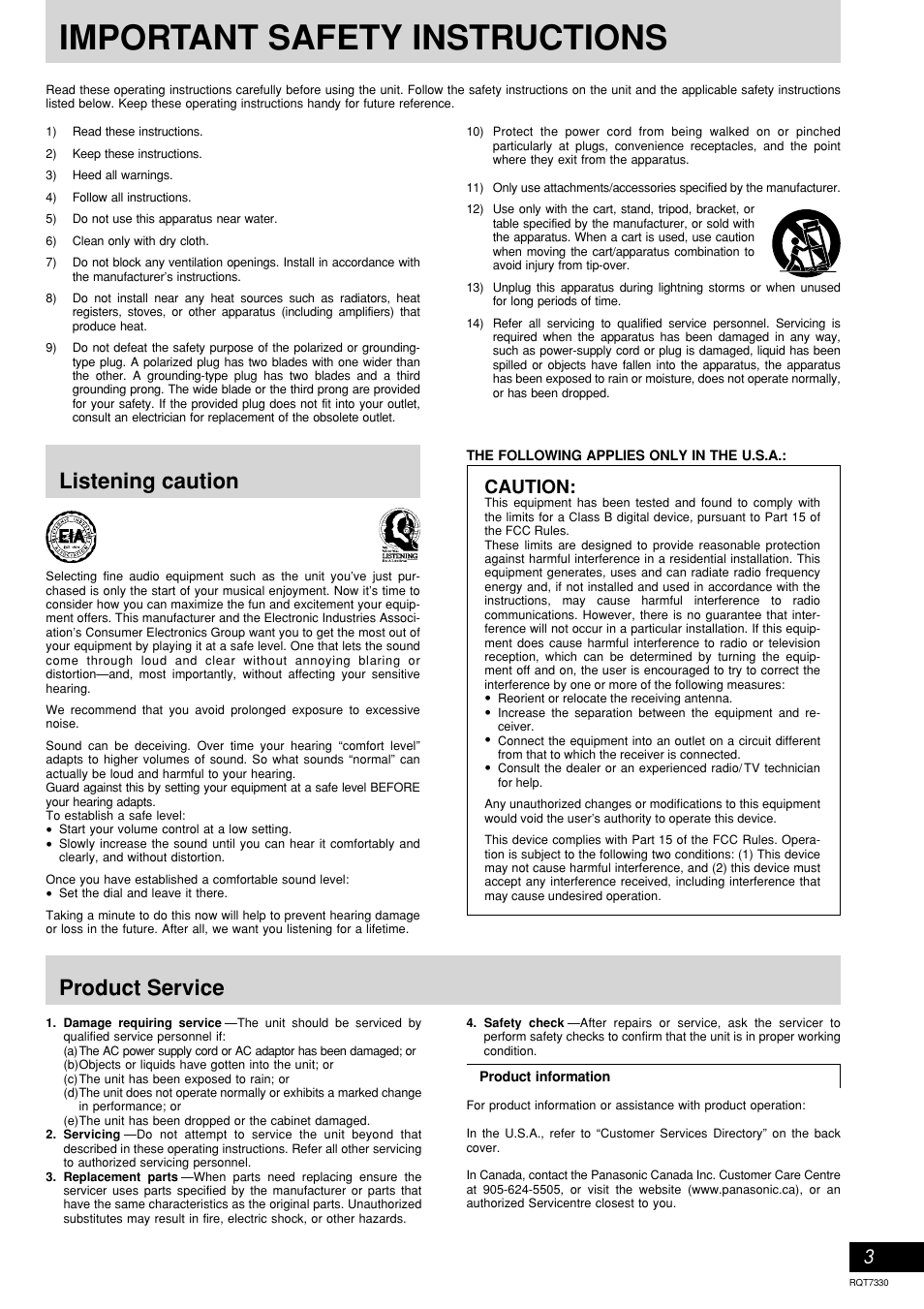 Important safety instructions, Listening caution, Product service | Caution | Panasonic SC-AK320  EN User Manual | Page 3 / 20