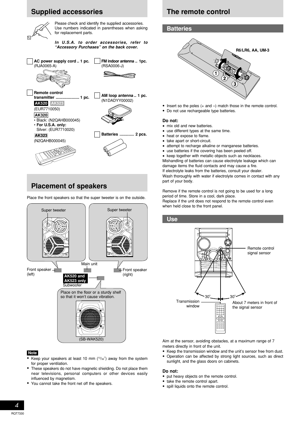 Supplied accessories, Placement of speakers, The remote control | Supplied accessories placement of speakers, 4batteries | Panasonic SC-AK320  EN User Manual | Page 4 / 20