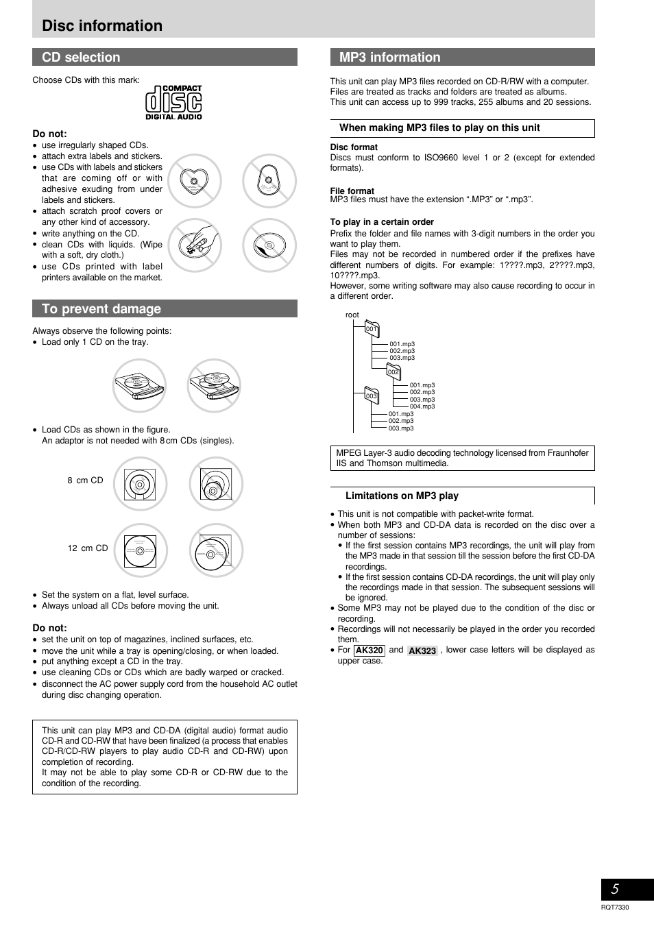 Disc information, Cd selection to prevent damage, Mp3 information | Panasonic SC-AK320  EN User Manual | Page 5 / 20