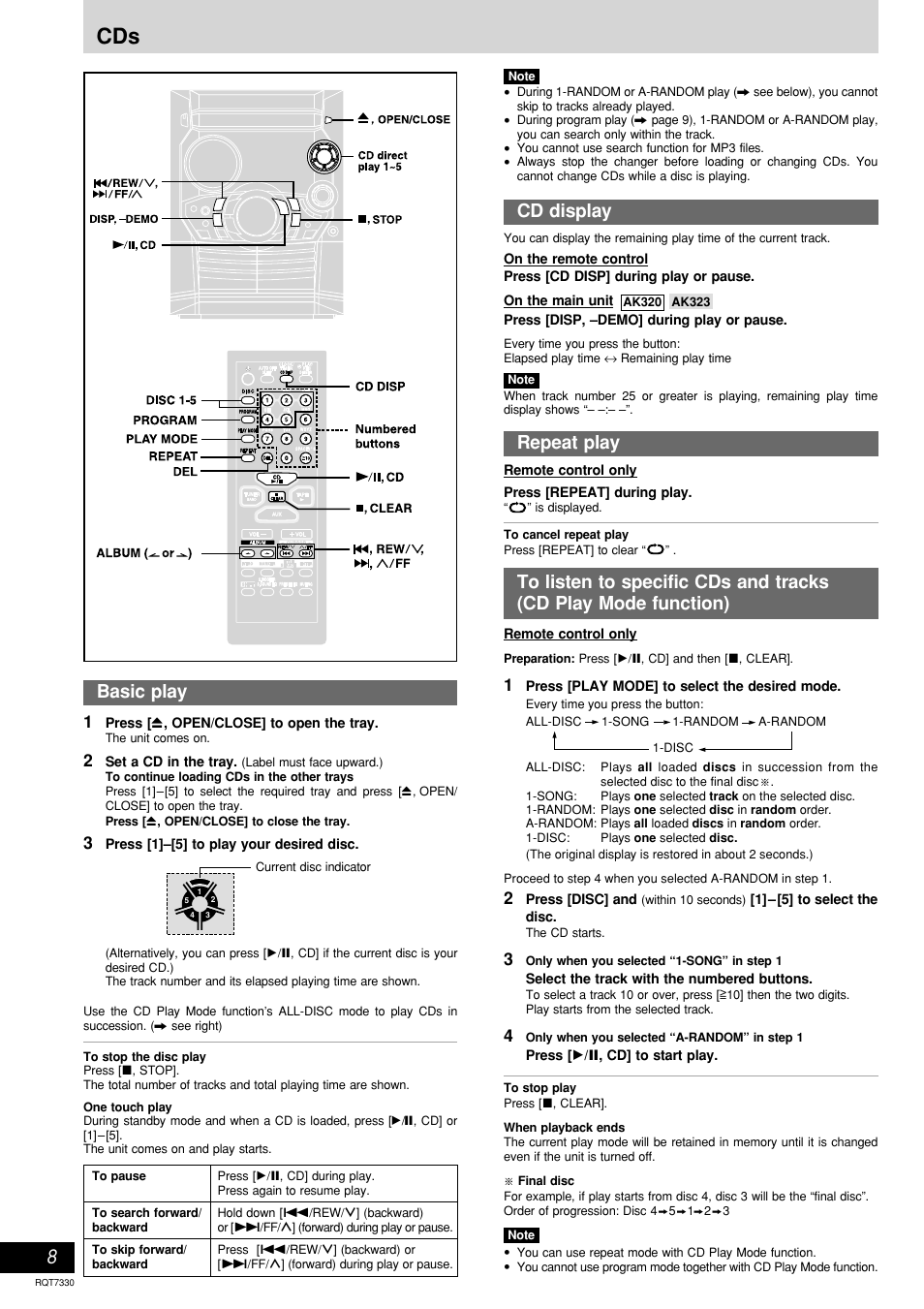 Cd display, Repeat play, Basic play | Panasonic SC-AK320  EN User Manual | Page 8 / 20
