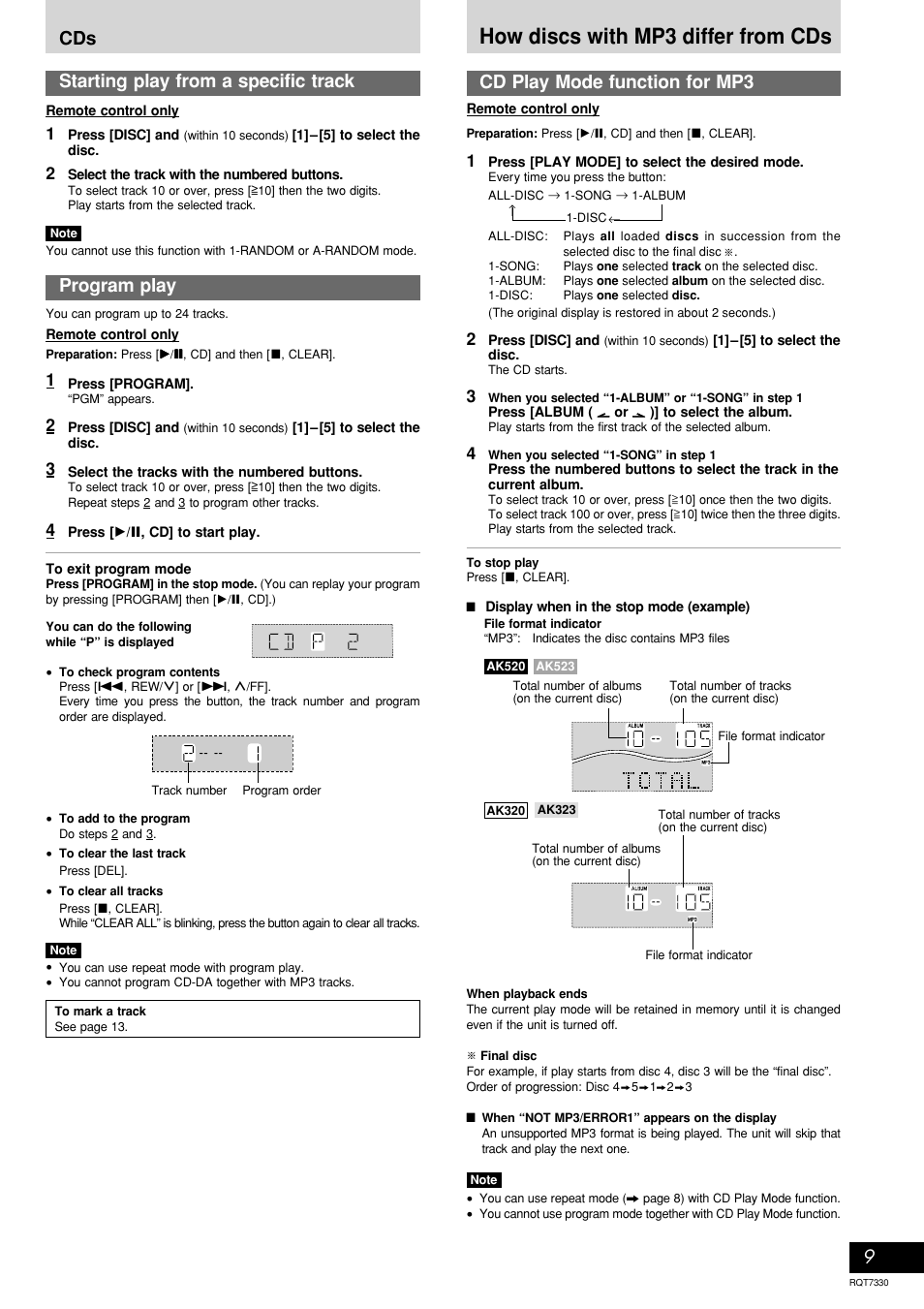 How discs with mp3 differ from cds, Cd play mode function for mp3, 9program play | Starting play from a specific track, Cds cd play mode function for mp3 | Panasonic SC-AK320  EN User Manual | Page 9 / 20
