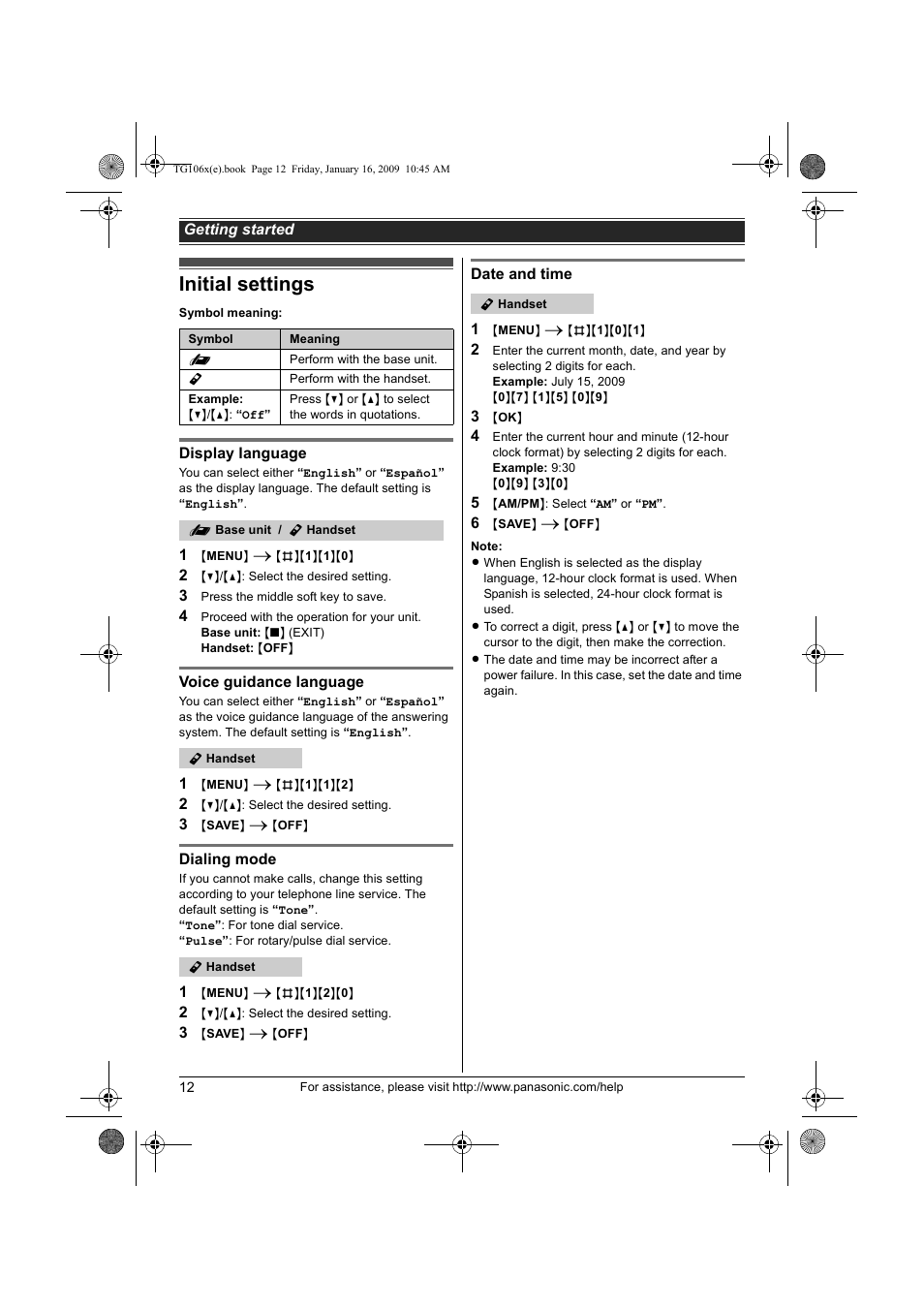 Initial settings | Panasonic KX-TG1063 User Manual | Page 12 / 60