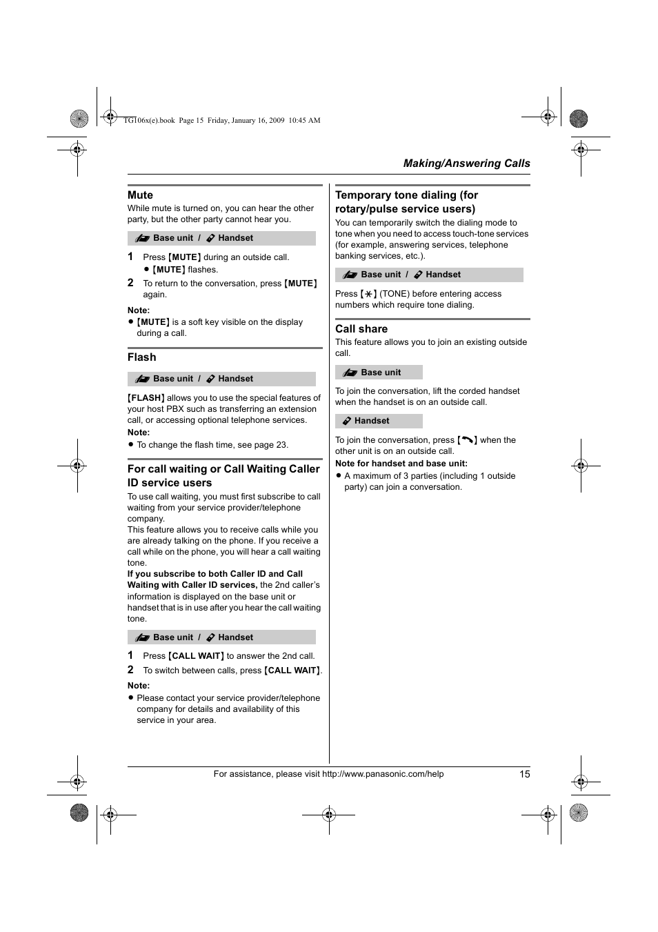 Panasonic KX-TG1063 User Manual | Page 15 / 60