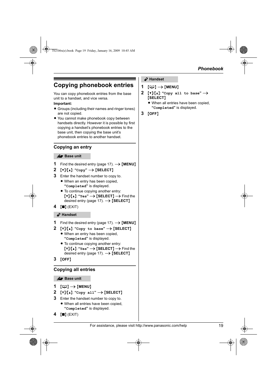 Copying phonebook entries | Panasonic KX-TG1063 User Manual | Page 19 / 60