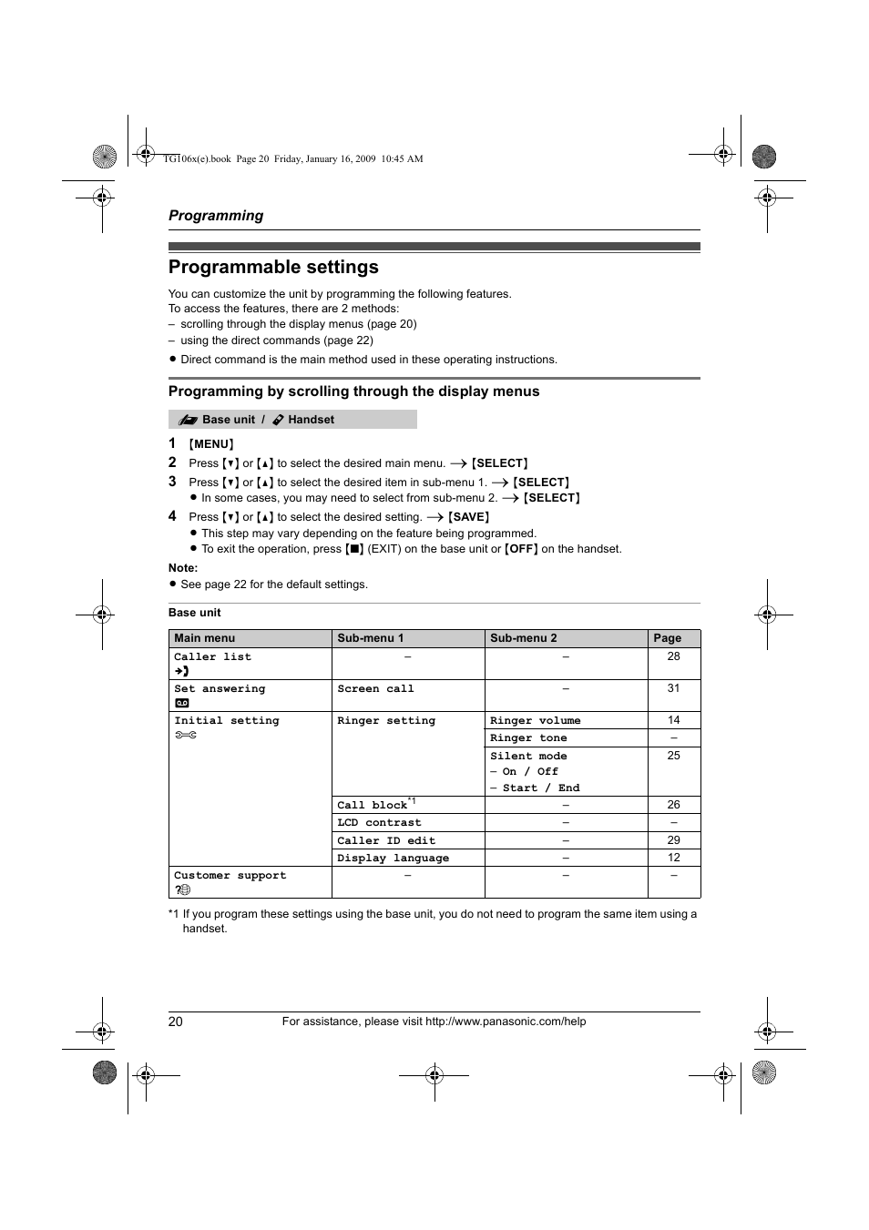 Programming, Programmable settings | Panasonic KX-TG1063 User Manual | Page 20 / 60