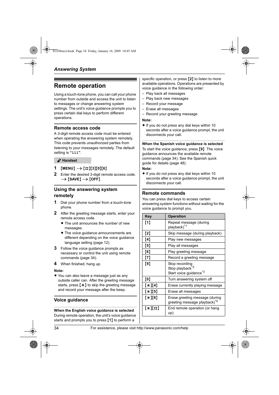 Remote operation | Panasonic KX-TG1063 User Manual | Page 34 / 60