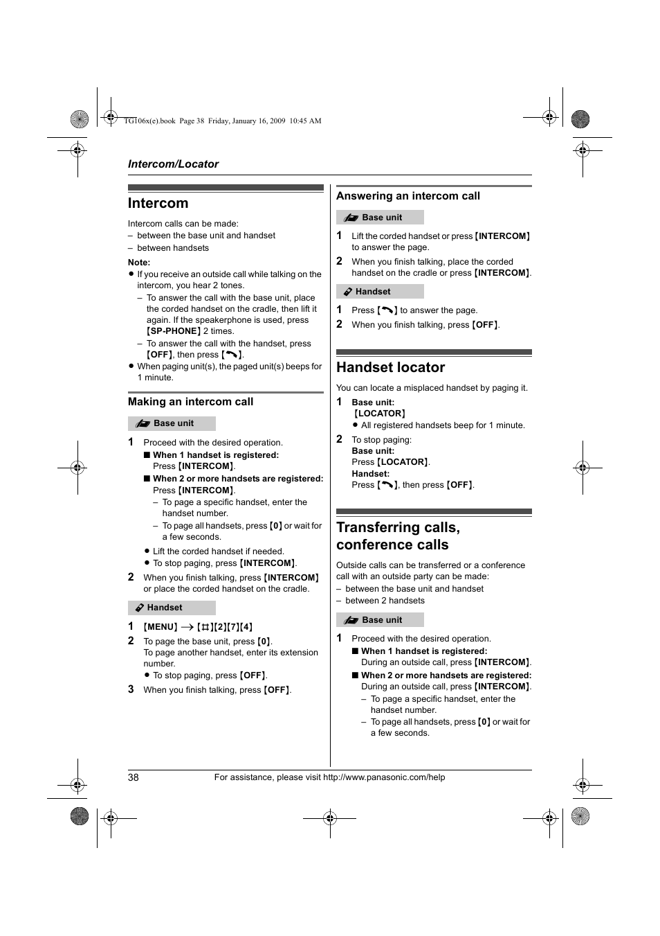 Intercom/locator, Intercom, Handset locator | Transferring calls, conference calls | Panasonic KX-TG1063 User Manual | Page 38 / 60