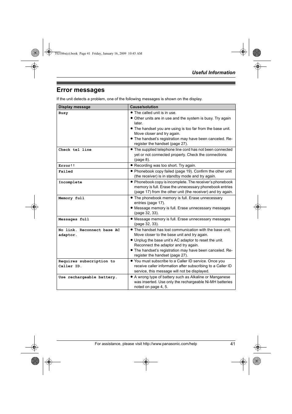 Error messages | Panasonic KX-TG1063 User Manual | Page 41 / 60