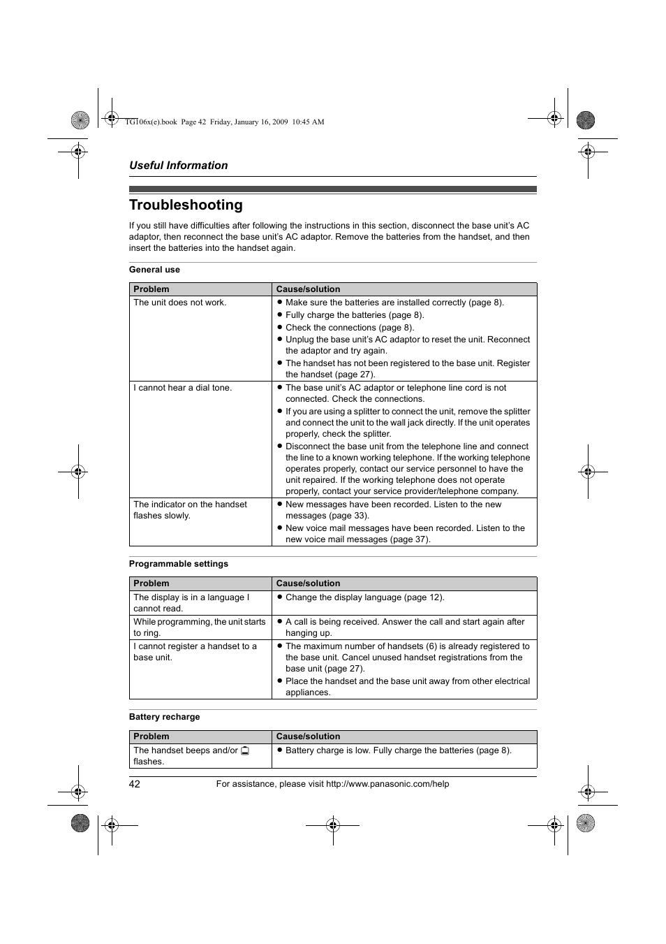 Troubleshooting | Panasonic KX-TG1063 User Manual | Page 42 / 60