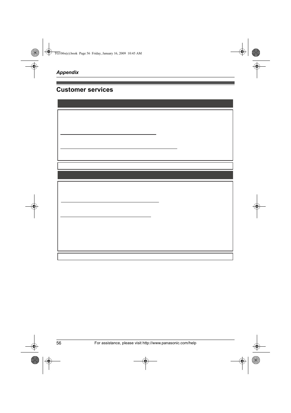 Appendix, Customer services | Panasonic KX-TG1063 User Manual | Page 56 / 60