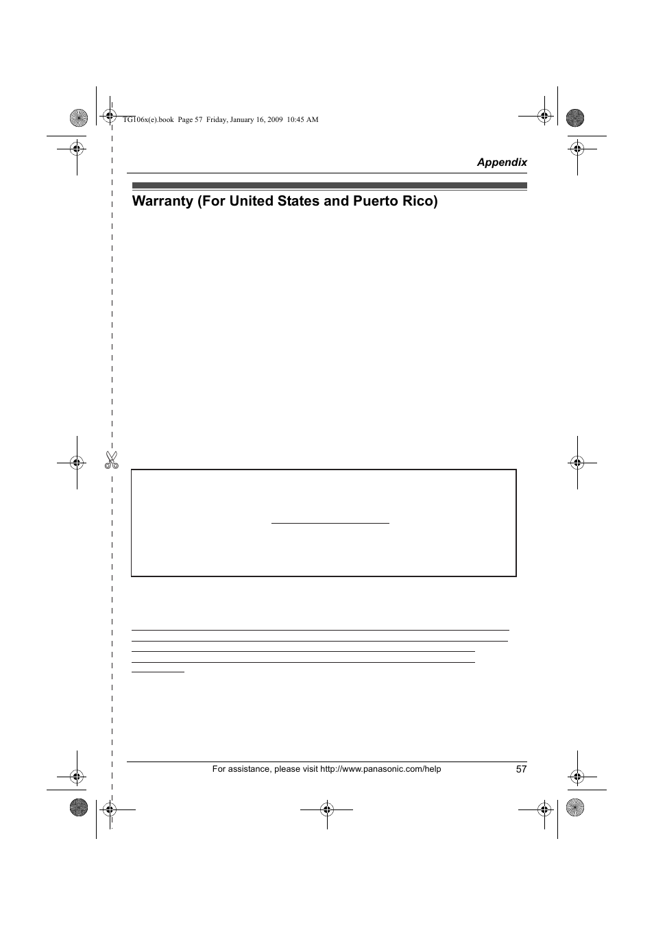 Warranty (for united states and puerto rico), Warranty (for united states and puerto rico) . 57, Panasonic telephone products limited warranty | Panasonic KX-TG1063 User Manual | Page 57 / 60