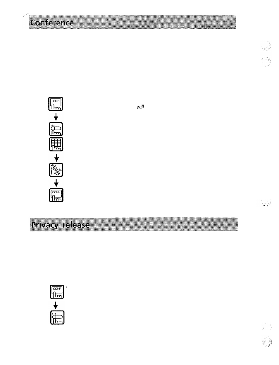 Conference, Privacy release, Three-party conference | Panasonic VA-1232 User Manual | Page 15 / 43