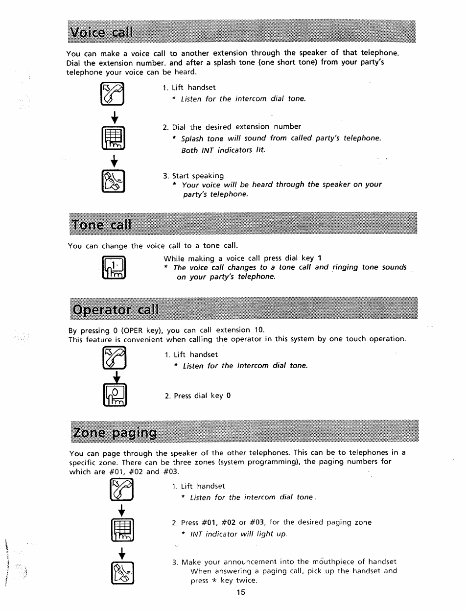 Section 2 - intercom calls, Making calls, Voice call | Tone call, Operator call, Paging, Zone paging | Panasonic VA-1232 User Manual | Page 16 / 43