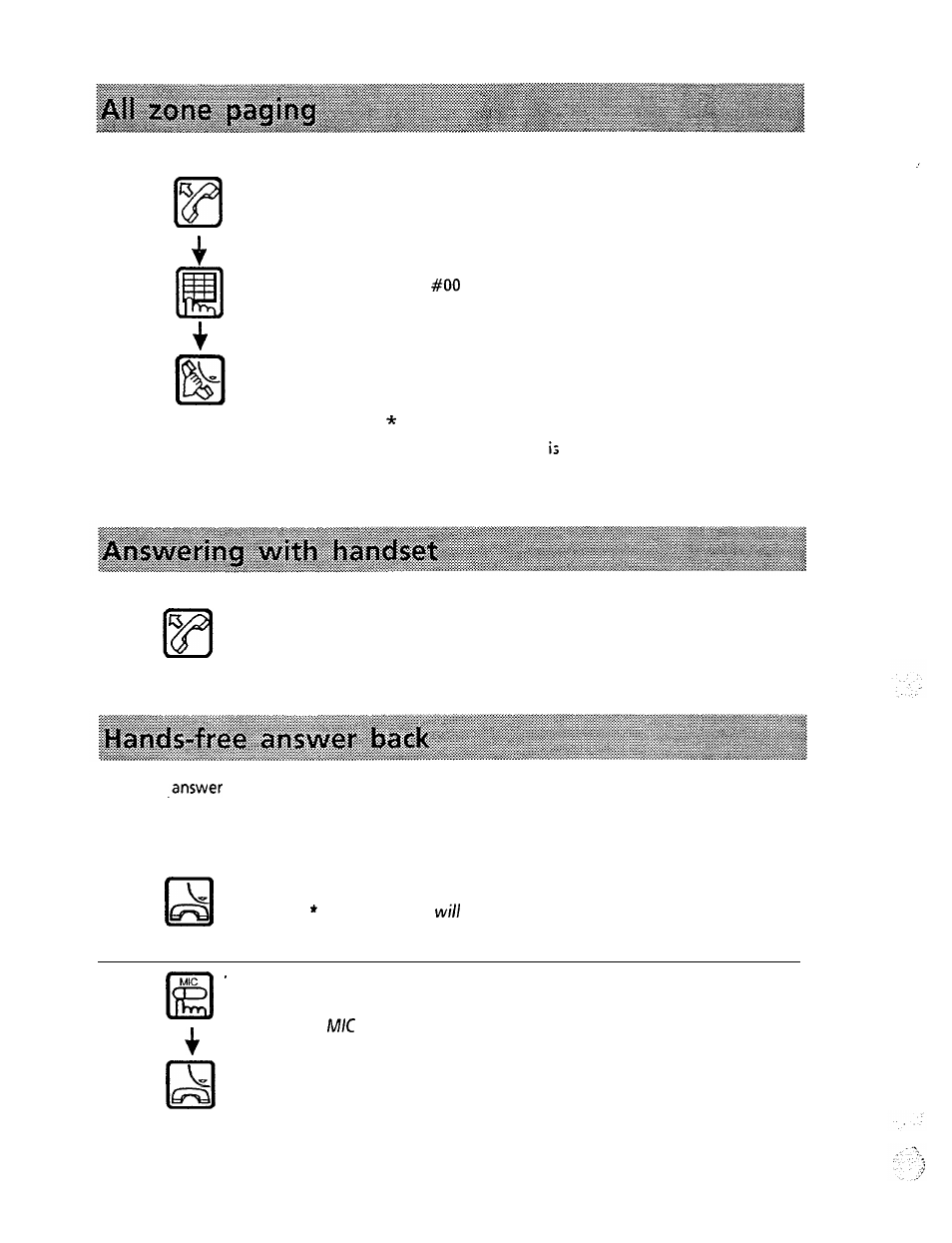 All zone paging, Answering calls, Answering with handset | Hands-free answer back | Panasonic VA-1232 User Manual | Page 17 / 43