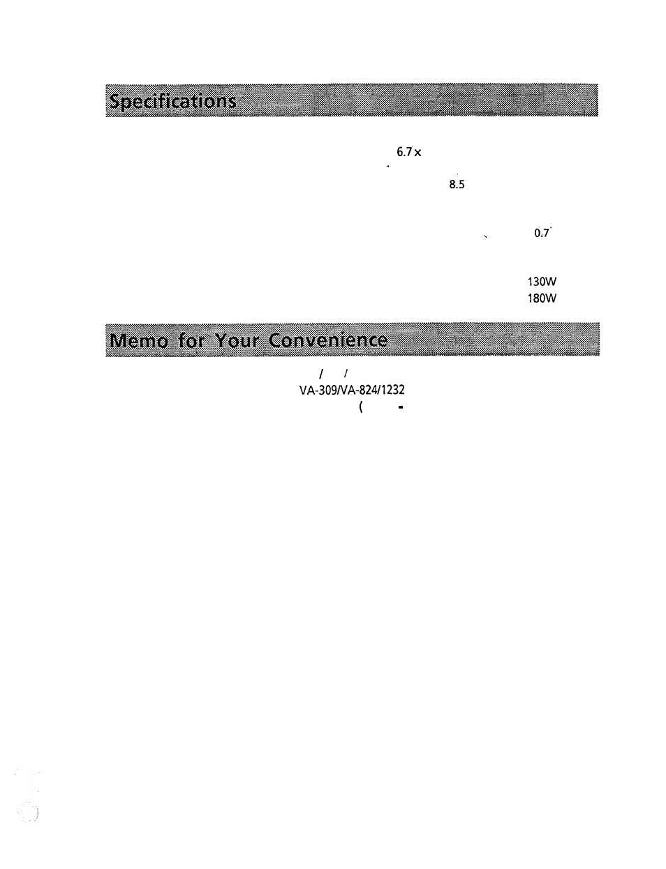 Specifications, Memo for your convenience | Panasonic VA-1232 User Manual | Page 40 / 43