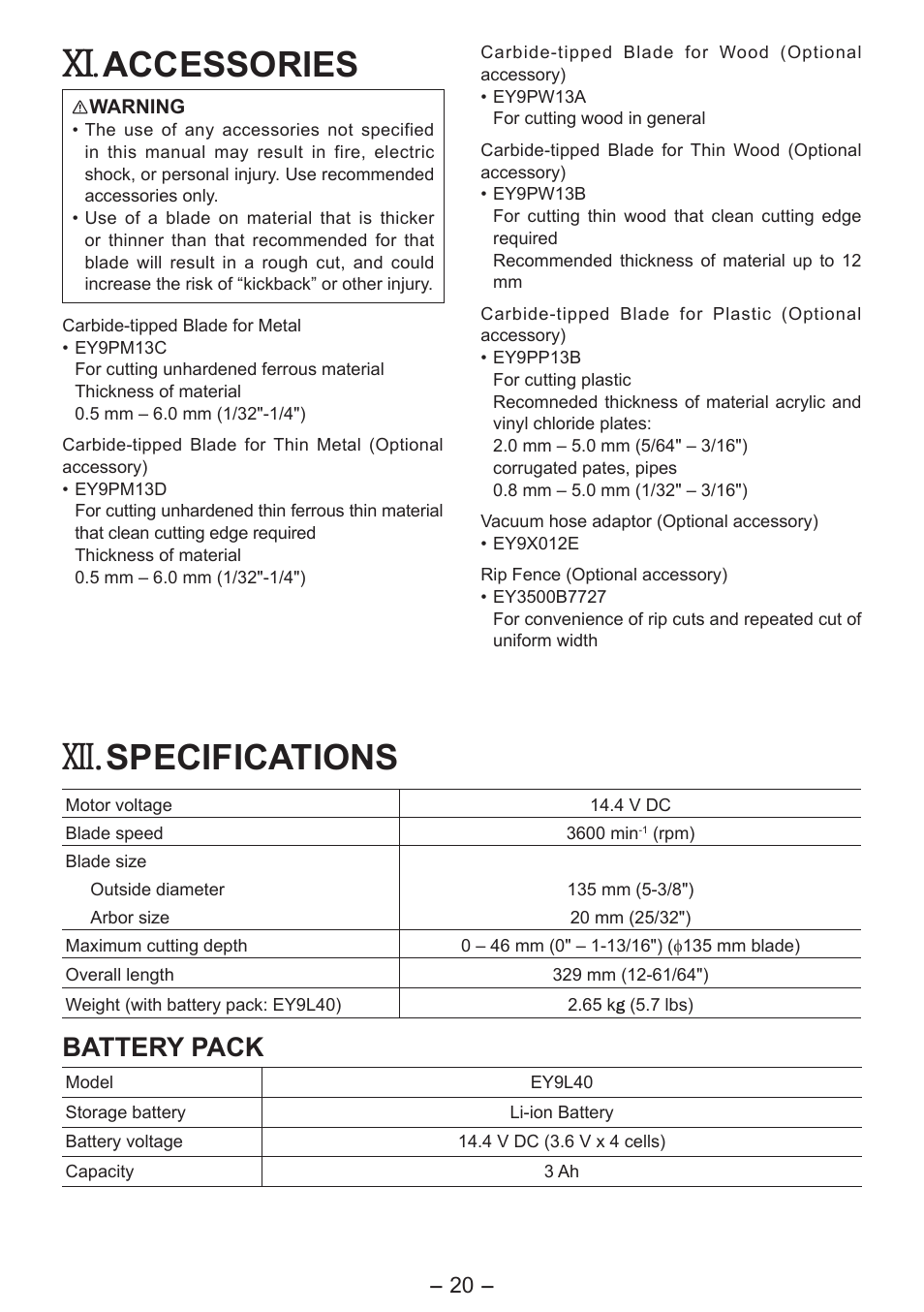 Accessories, Specifications, Battery pack | Panasonic EY4542 User Manual | Page 20 / 63