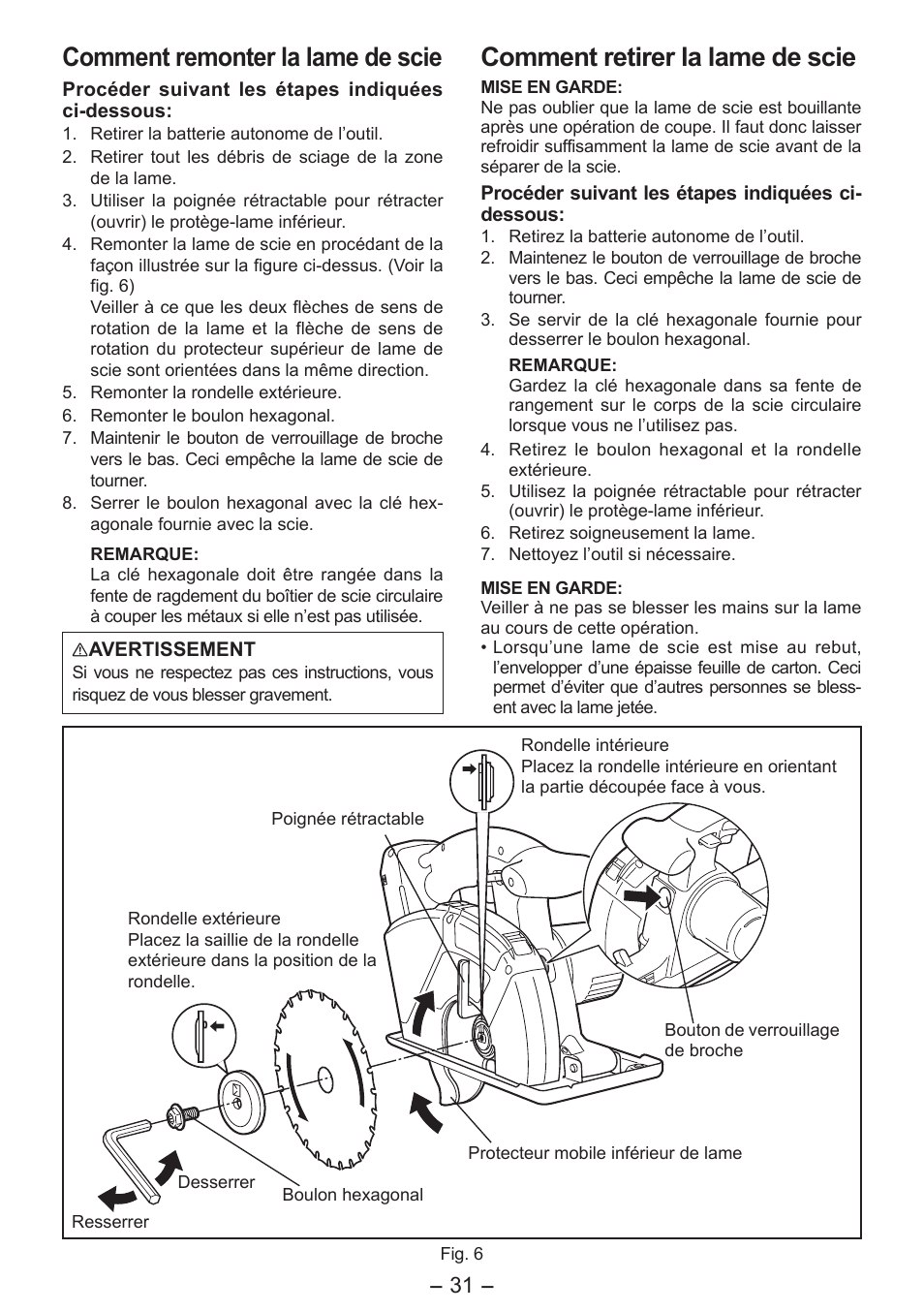 Comment remonter la lame de scie, Comment retirer la lame de scie | Panasonic EY4542 User Manual | Page 31 / 63